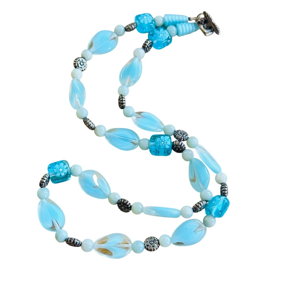 Blue Necklace Venetian Glass Murano Millefiori Beaded Italy Lampwork Silver 22"